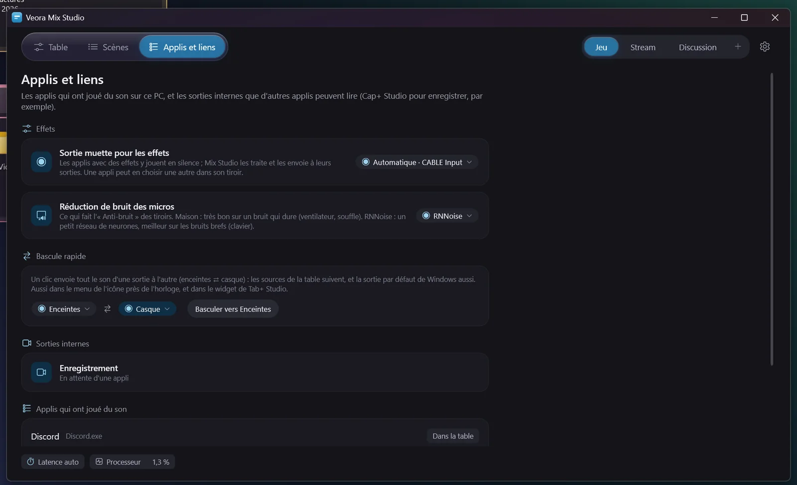 Applis et liens : bascule rapide, réduction de bruit