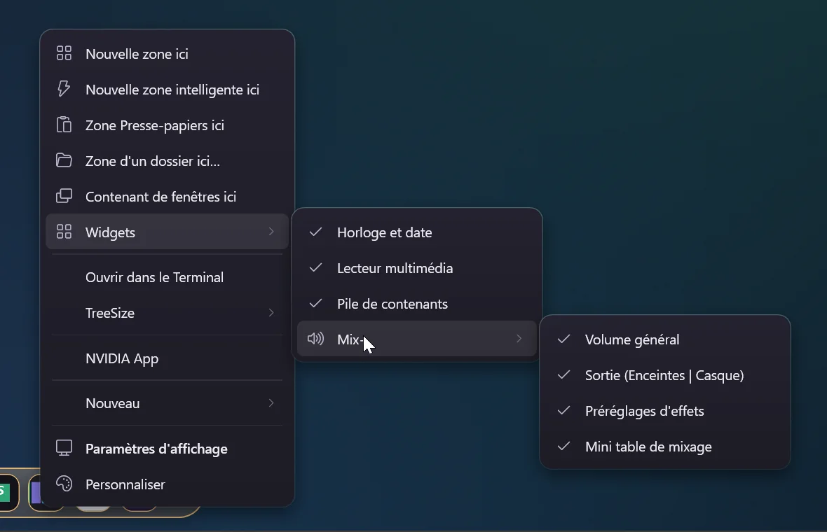 Menu du bureau et widgets