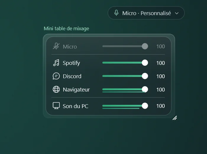 Le widget Mini table de mixage de Mix+ Studio, posé sur le bureau de Tab+ Studio.