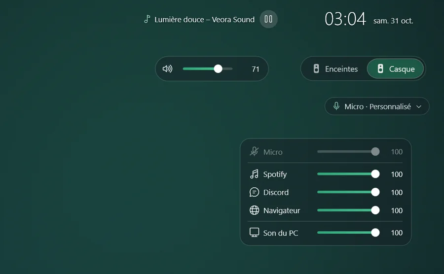 Les widgets de Tab+ Studio sur le bureau : lecteur, heure, volume, choix de la sortie et mini table de mixage.
